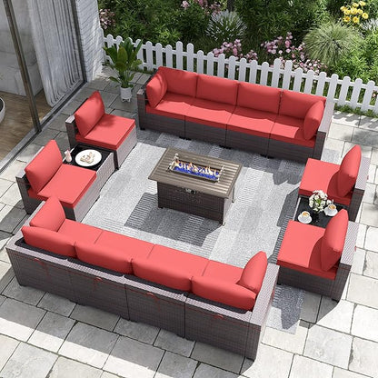 Patio Furniture Set with Fire Pit Table 15 PCS Outdoor Sectional Furniture Outdoor Rattan Patio Conversation Sets with 43in 55,000 BTU Propane Gas Fire Pit Table Glass Table, Red - LeafyLoom