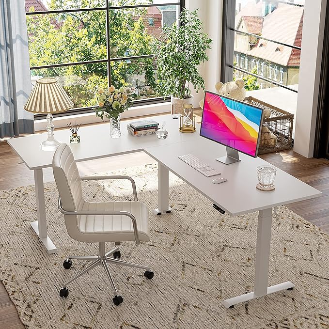 FEZIBO 75 Inches, Supports over 300mlbs,L Shaped Standing Desk Reversible, Electric Height Adjustable Corner Stand up Desk, Sit Stand Desk Computer Workstation, White Frame/White Top - LeafyLoom