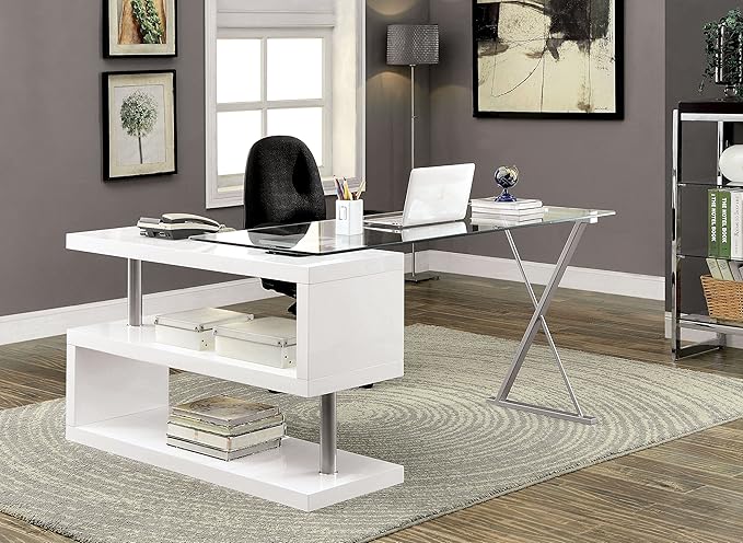 Furniture of America Lilliana Swivel Glass Top S-Shaped Writing Desk for Home Office, Studying Room, White - LeafyLoom