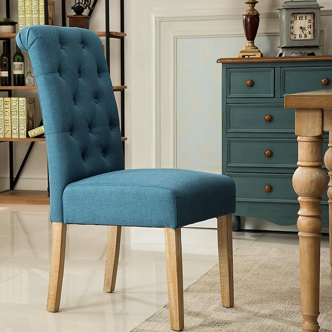 Roundhill Furniture Habit Solid Wood Tufted Parsons Dining Chair (Set of 2), Blue - LeafyLoom