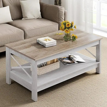 YITAHOME Coffee Table for Living Room,Modern Farmhouse Coffee Table with Storage,2-Tier Center Table for Living Room Wood Living Room Table Accent Cocktail with Sturdy Frame,Grey Wash - LeafyLoom