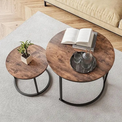 Round Coffee Table Set of 2 for Living Room,Black Small Coffee Table Living Room Table,Nesting Tables Metal Frame/Wood,Sturdy/Easy Assembly,Stacking Side Tables Bedroom,Rustic Brown - LeafyLoom