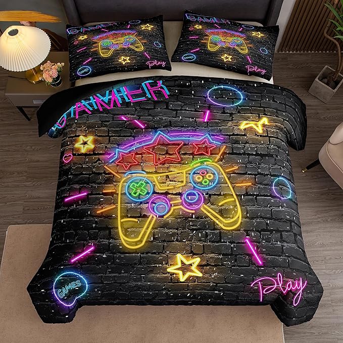 Boys Full Size Bedding Set, Gaming Comforter Sets for Boys, Gamer Bedding Sets for Boys Teens, Neon Kids Bedding Set, Gaming Room Decor for Boys Bedroom(1 Comforter +2 Pillowcases) - LeafyLoom