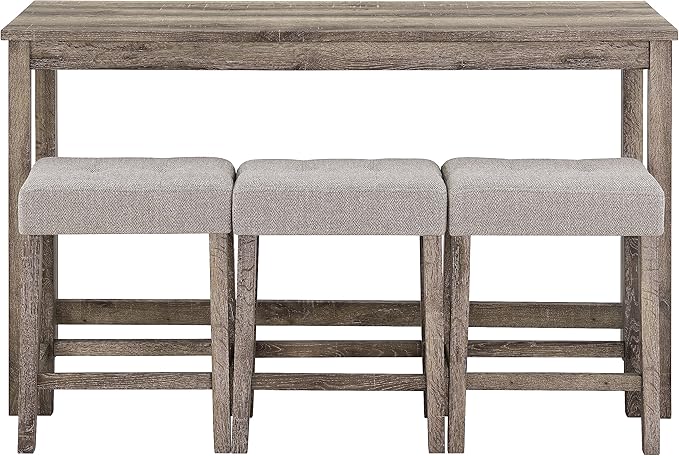 4 Piece Bar Power Outlet, Bistro Table & Chairs, Dining Sets, 3 Upholstered Stools, for Living, Game Room, Kitchen, Farmhouse, Light Brown - LeafyLoom