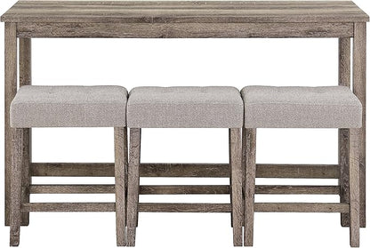 4 Piece Bar Power Outlet, Bistro Table & Chairs, Dining Sets, 3 Upholstered Stools, for Living, Game Room, Kitchen, Farmhouse, Light Brown - LeafyLoom