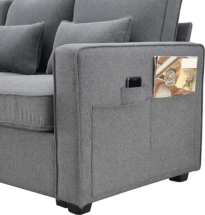 114.2" Linen Upholstered Sofa with Consoleand 2 USB Ports Wired or Wirelessly Charged,Modern 4-Seat Couches W/ 4 Pillows and Two Cupholders,for Living Room,Apartment,Dark Grey - LeafyLoom