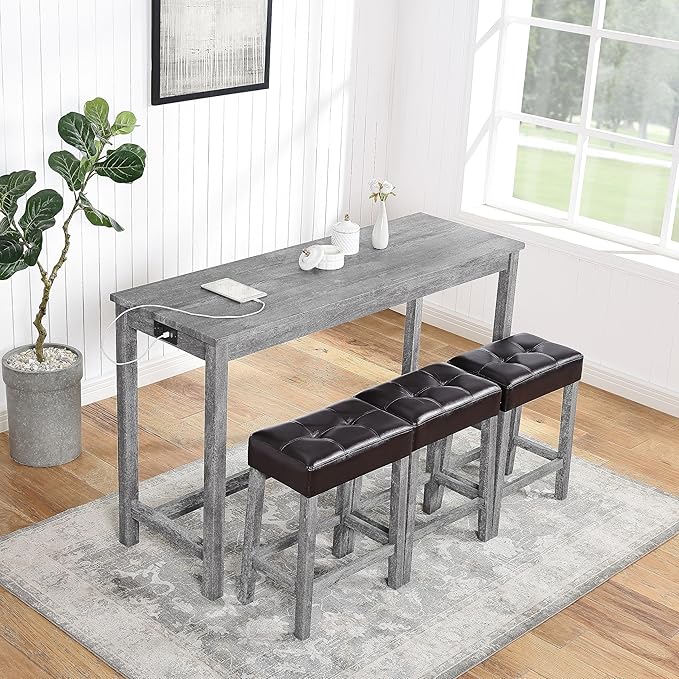 4 Piece Bar Dining Set with Power Outlet, Industrial Solid Wood Breakfast Table w/ 3 Padded Stools, Modern Dinette Furniture for Kitchen, Living Room, Apartment, Light Gray - LeafyLoom