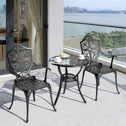 NUU GARDEN 3 Piece Outdoor Bistro Set All Weather Cast Aluminum Patio Set Bistro Table Set Rustproof Patio Table and Chairs with Umbrella Hole for Backyard, Balcony, Front Porch, Black - LeafyLoom