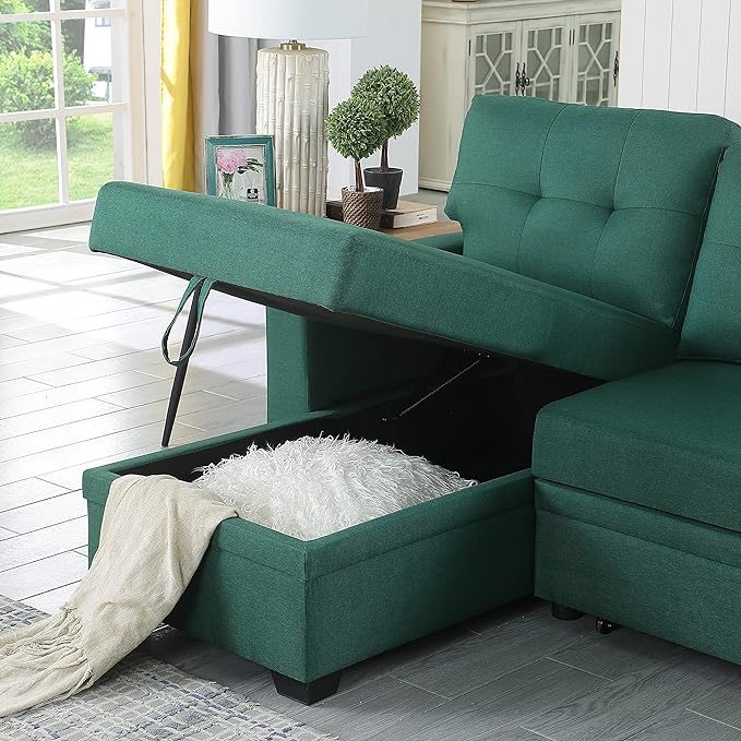 RITSU L-shaped Corner Storage Sofa Pull Out Convertible Bed, 3-Person Sleeper Couch, Linen Fabric Tufted Cushion, Space Saving for Living Room, Apartement, Office, Green, 82 inch - LeafyLoom