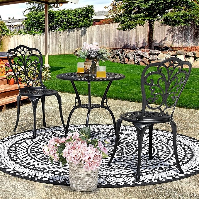 NUU GARDEN 3 Piece Bistro Set Outdoor, All Weather Cast Aluminum Patio Bistro Sets Patio Table and Chairs Set of 2 with Umbrella Hole for Yard, Balcony, Black, Butterfly Backrest - LeafyLoom