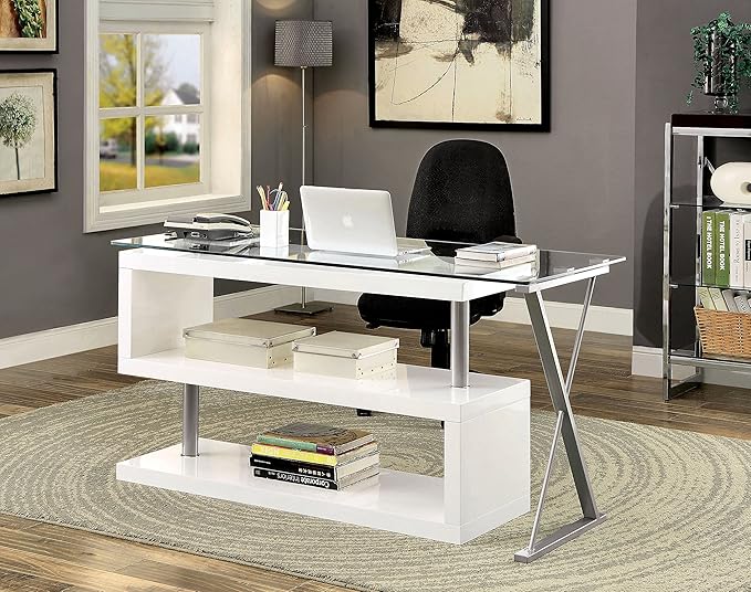 Furniture of America Lilliana Swivel Glass Top S-Shaped Writing Desk for Home Office, Studying Room, White - LeafyLoom