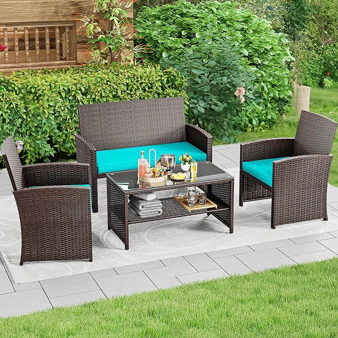 YITAHOME Patio Furniture Wicker Outdoor Bistro Set, 4-Piece All Weather Rattan Conversation Loveseat for Backyard, Balcony and Deck w/Soft Cushions and Metal Coffee Table (Brown+Blue) - LeafyLoom