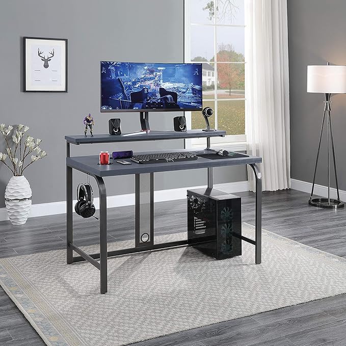 OSP Home Furnishings Reload Gaming Desk with Wireless Charging, USB Power Hub, and Remote Controlled RGB LED Lights, Matte Grey Carbon Fiber - LeafyLoom