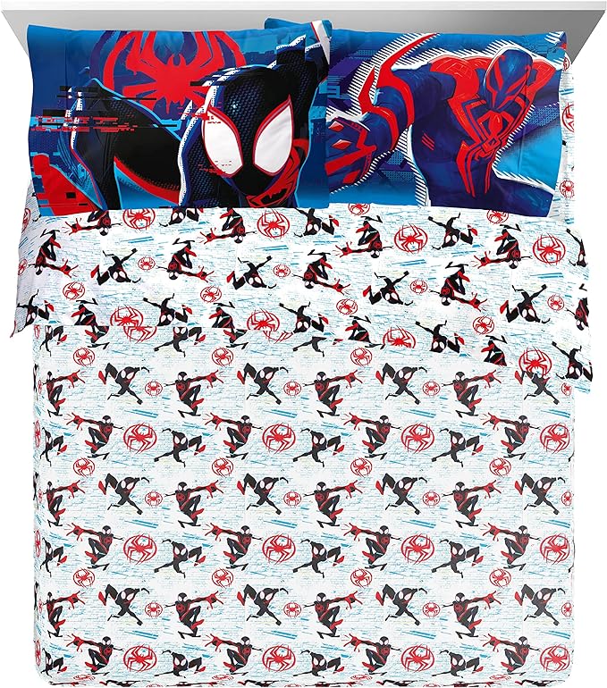 Marvel Spiderman Across The Spider-Verse Glitch 7 Piece Queen Size Bed Set - includes Comforter & Sheet Set Bedding - Super Soft Fade Resistant Microfiber (Official Product) - LeafyLoom