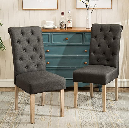 Roundhill Furniture Habit Solid Wood Tufted Parsons Charcoal Dining Chair, Set of 2 - LeafyLoom