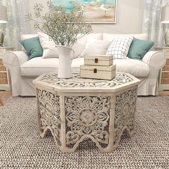 Deco 79 Wooden Floral Handmade Living Room Coffee Table Intricately Carved Table with Hollow Interior, Center Table 33" x 33" x 18", Light Gray - LeafyLoom