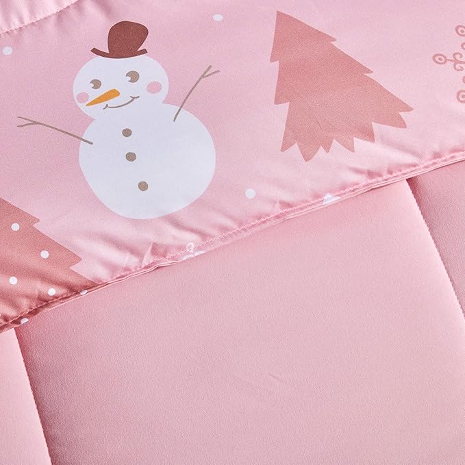 SLEEP ZONE Kids Twin Bedding Comforter Set - Super Cute & Soft Kids Bedding 5 Pieces Set with Comforter, Sheet, Pillowcase & Sham (Pink Snowman) - LeafyLoom