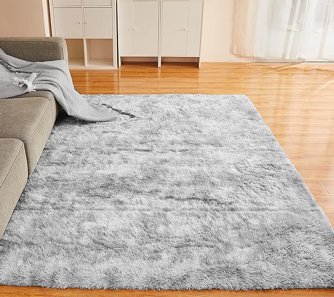 YOBATH Fluffy Grey Area Rug 6x9 Feet for Living Room, Plush Anti-Slip Shaggy Carpet for Bedroom, Fuzzy Shag Rugs for Kids Girls Boys Room Nursery Playroom Dorm Room, Tie-Dyed Light Grey - LeafyLoom