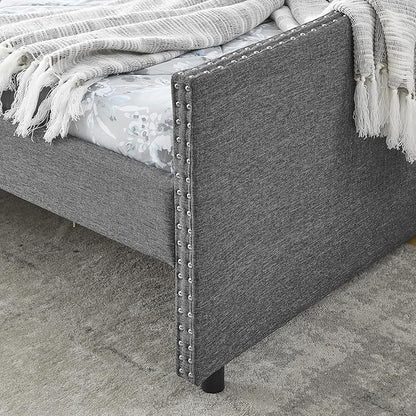 Queen Size Daybed with Two Storage Drawers, Linen Upholstered Tufted Sofa Bed w/Button on Back and Copper Nail on Waved Shape Arms, for Bedroom Living Room, No Box Spring Needed, Dark Grey - LeafyLoom