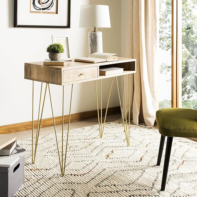 Safavieh Home Office Marigold Modern Natural and Brass 1-drawer Hairpin Leg Desk - LeafyLoom