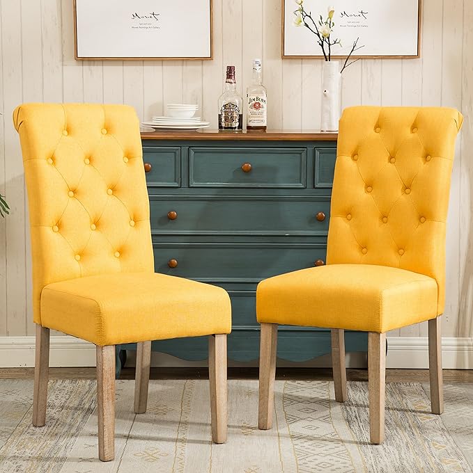 Roundhill Furniture Habit Solid Wood Tufted Parsons Yellow Dining Chair, Set of 2, - LeafyLoom