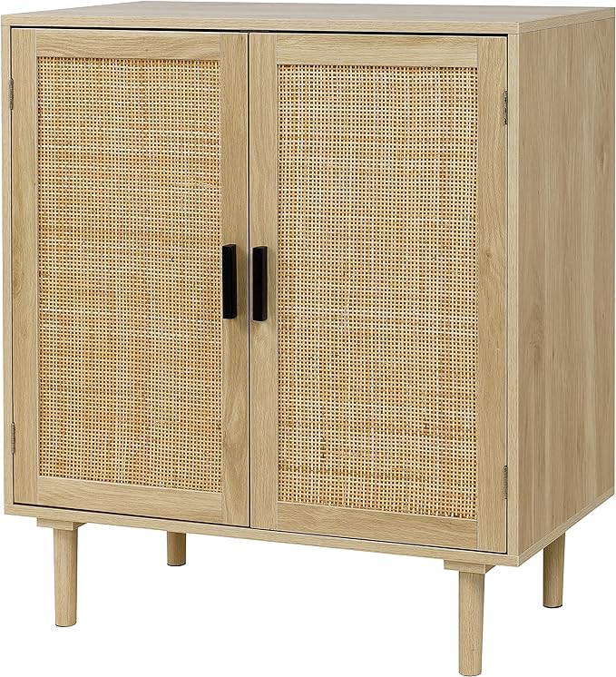 Finnhomy Sideboard Buffet Kitchen Storage Cabinet with Rattan Decorated Doors, Dining Room, Hallway, Cupboard Console Table, Liquor / Accent Cabinet, 31.5X 15.8X 34.6 Inches, Natural - LeafyLoom