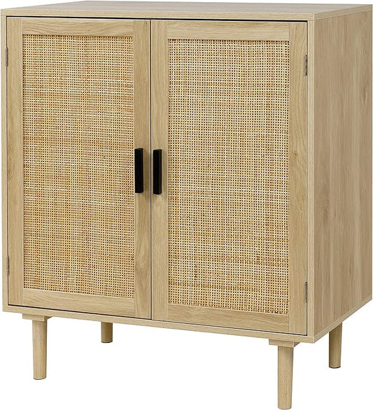 Finnhomy Sideboard Buffet Kitchen Storage Cabinet with Rattan Decorated Doors, Dining Room, Hallway, Cupboard Console Table, Liquor / Accent Cabinet, 31.5X 15.8X 34.6 Inches, Natural - LeafyLoom