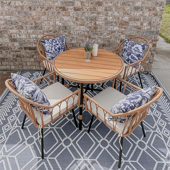 YITAHOME 5 Pieces Outdoor Patio Dining Table Chair Set,Wicker Patio Dining Set,Outdoor Rattan Dining Table Set for Patio, Backyard, Balcony, Garden (with Umbrella Hole) - LeafyLoom