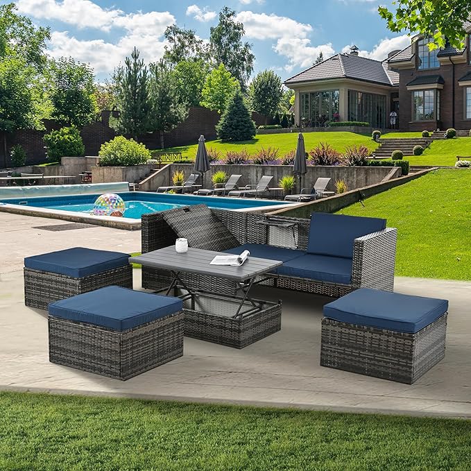 Modular Rattan Outdoor Sectional Furniture, Wicker Conversation Patio Sets with Plywood Coffee Table and Lounger Sofa for Backyard, Db-Navy Blue - LeafyLoom