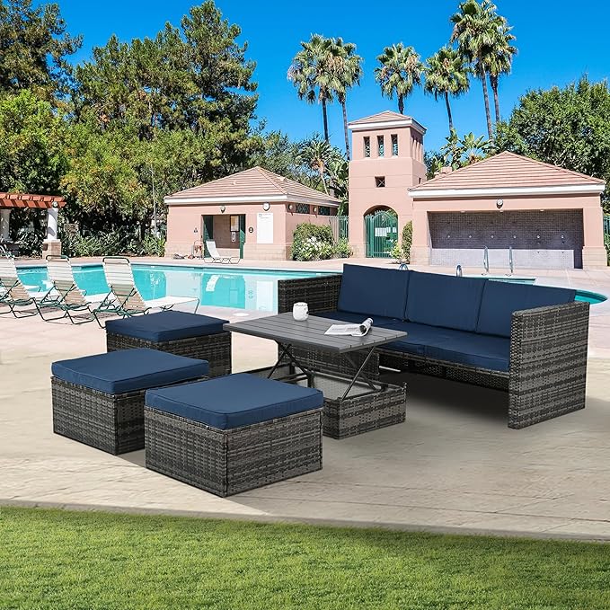 Modular Rattan Outdoor Sectional Furniture, Wicker Conversation Patio Sets with Plywood Coffee Table and Lounger Sofa for Backyard, Db-Navy Blue - LeafyLoom