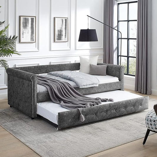 Upholstered Twin Size Daybed with Twin Trundle, Solid Wooden Sofa Bed Frame w/Button Tufted and Copper Nail on Square Arms, No Spring Box Need，Grey - LeafyLoom