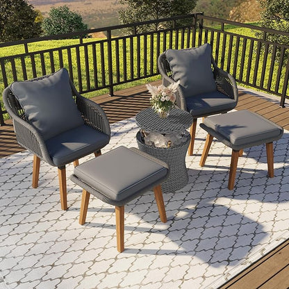 5-Pieces Outdoor Furniture Bistro Set with Wicker Cool Bar Table, Rope Weaving Patio Chairs and Ottomans for Porch Backyard Balcony Poolside, Onesize, Grey - LeafyLoom