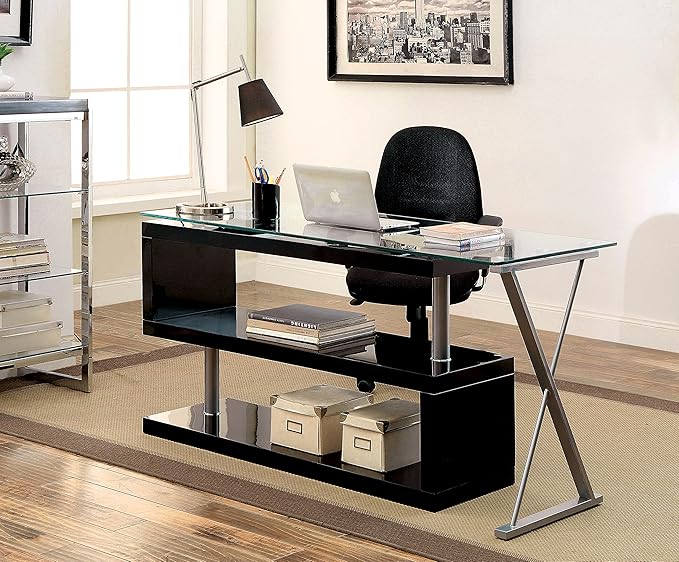 Furniture of America Lilliana S-Shaped Glass-Top Office Desk, Black - LeafyLoom